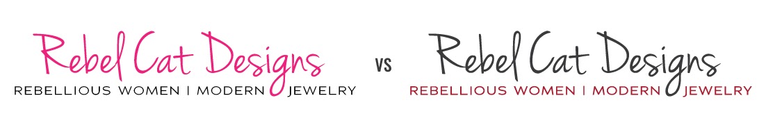 Script font wordmark logo with sans serif font tagline of Rebel Cat Designs with two color versions, one Pink with black and the other black with red