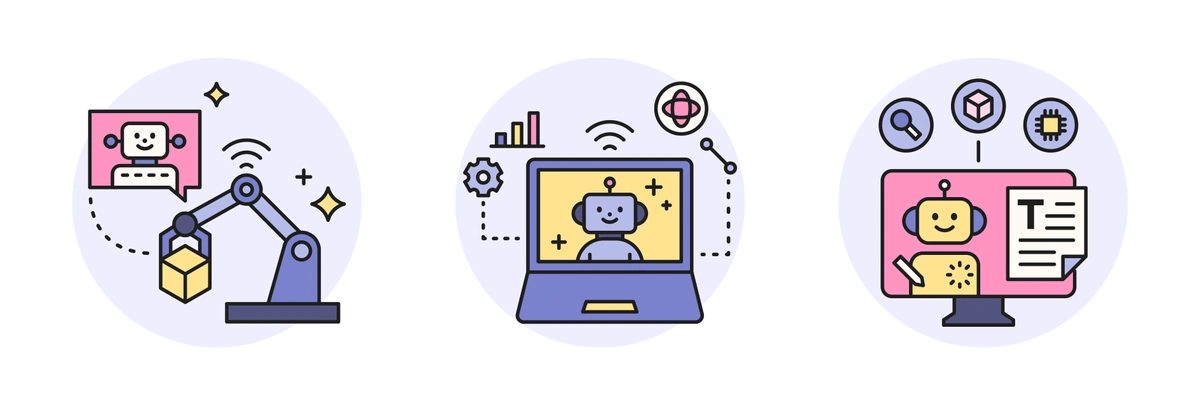 Colorful icons of a chatbot, analytics, and data management, showcasing the interaction between humans and AI technology in digital solutions.