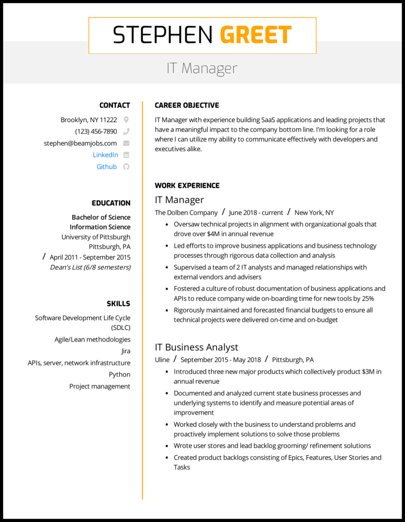 Experienced management resume examples