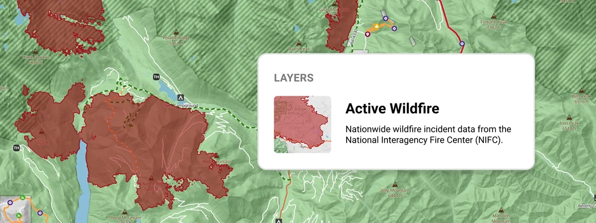 Active Wildfires map layer in Trails Offroad