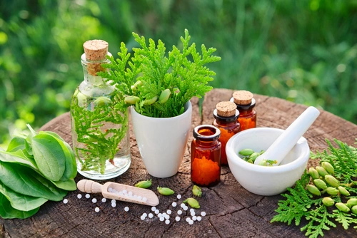 tinctures and homeopathic remedies on a stump