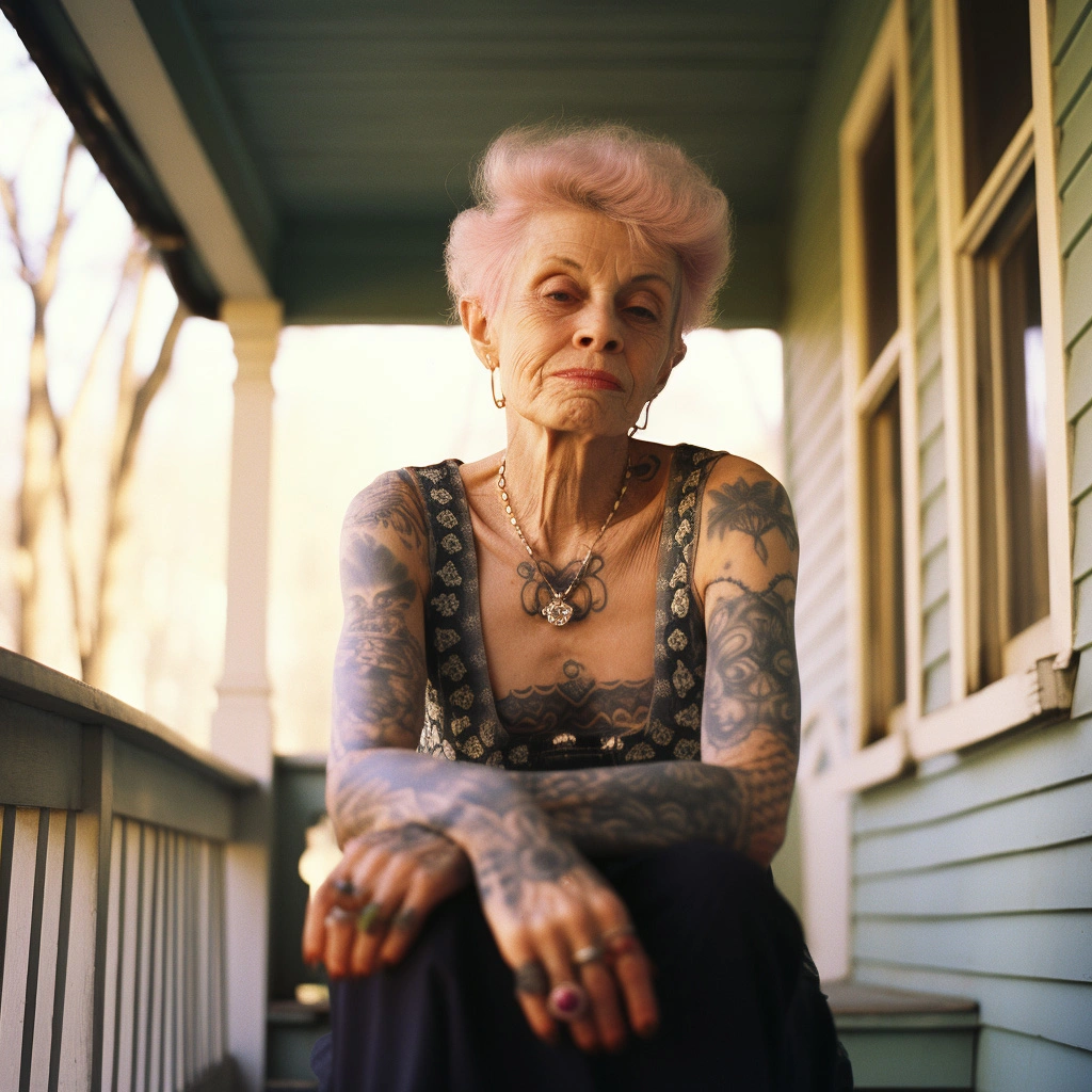 tattooed old woman sitting at porch