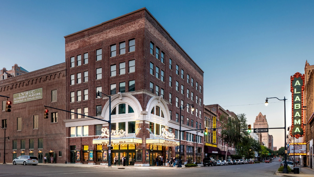 Street view of the Lyric and Alabama Theaters in Birmingham.