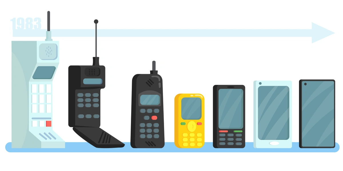 A timeline illustration showcasing the evolution of mobile phones from the 1980s to the present day, depicting various models from large, brick-like phones to modern smartphones.