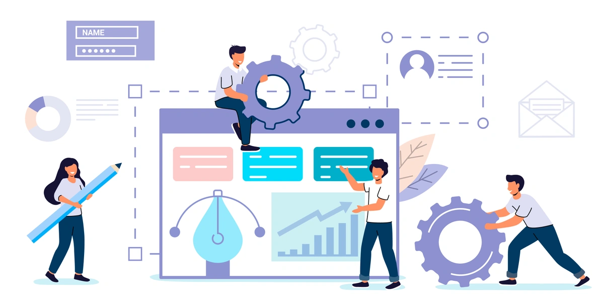 Cartoon illustration of a team using a large cog and various tools to interact with a digital interface displaying web development elements.