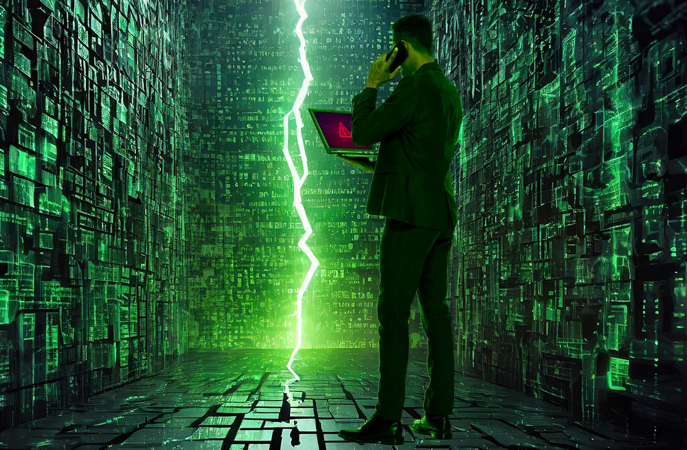 business man in a green cyber walled room with a large crack running through the middle holding a laptop with a hacked symbol on it