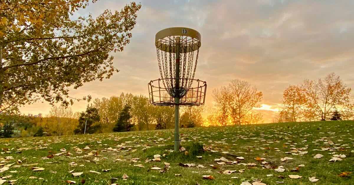 A yellow-banded disc golf basket in a grassy area with leaves on the ground and a sunset sky behind
