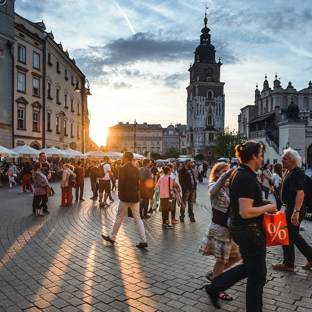 Crowed market square in Krakow, Poland.