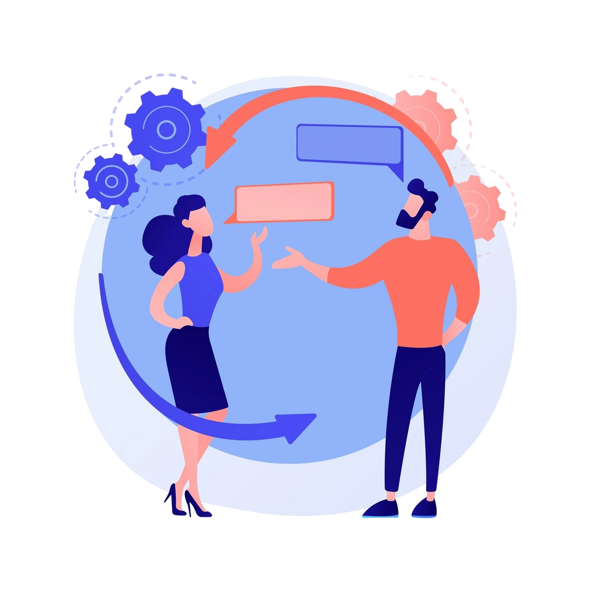 Illustration of two people communicating with speech bubbles and gears symbolizing interaction and process.