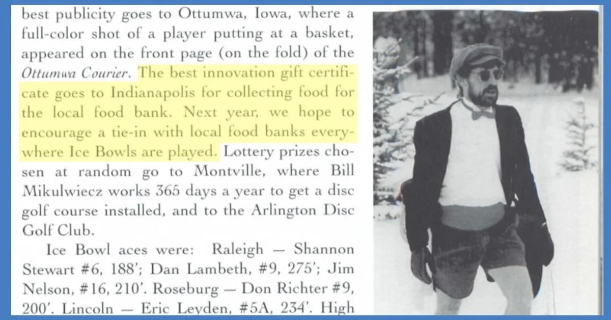 Clip from a magazine with a section about disc golf Ice Bowls collecting food for a food bank highlighted. Also a man in shorts playing in the snow
