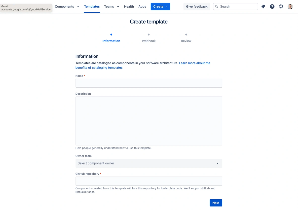 Screenshot of the 'Create Template' page in Atlassian Compass, showing the initial information step. The form includes fields for the template name, description, owner team, and GitHub repository, with additional instructions for using templates in a development workflow.