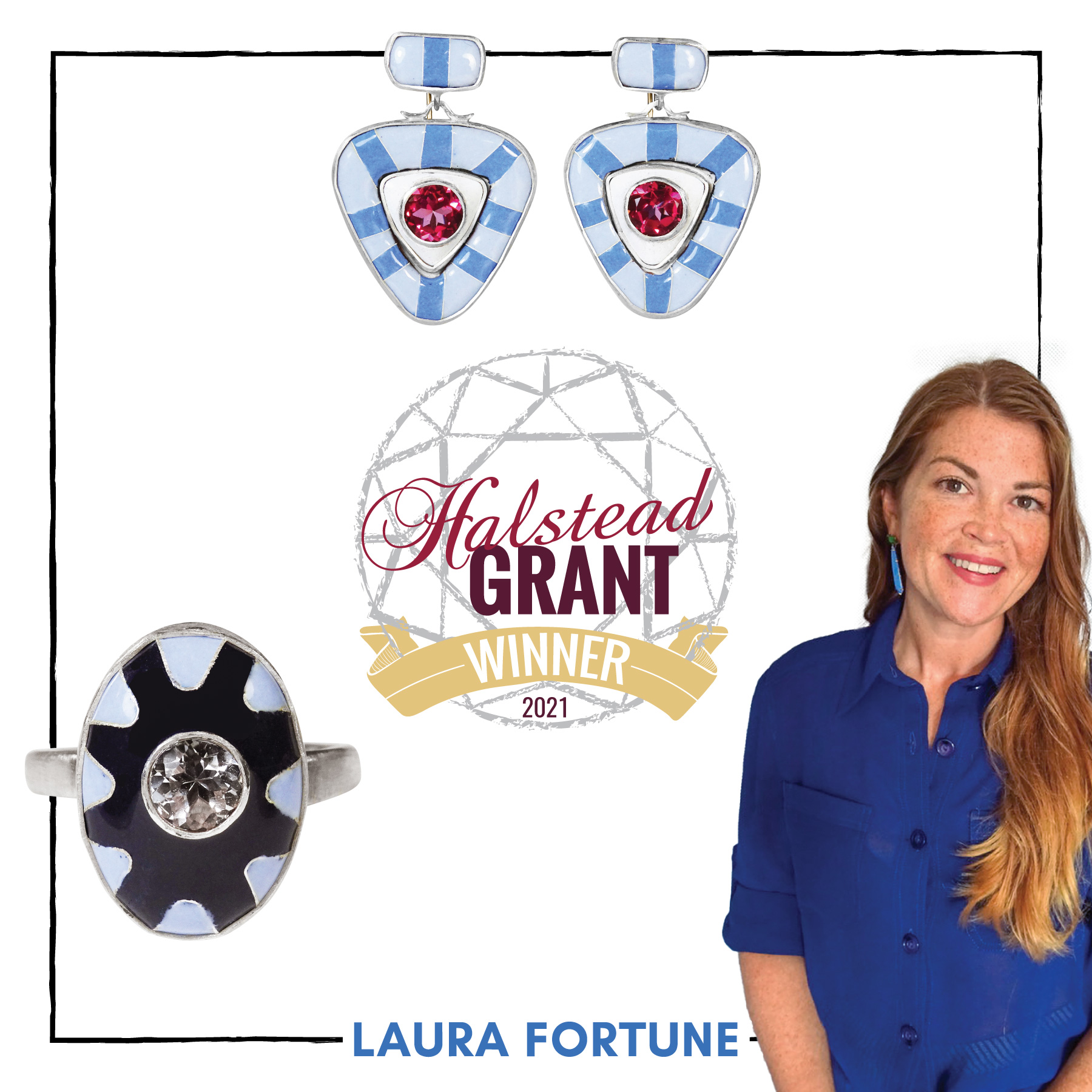 jewelry and portrait of 2021 Halstead Grant winner Laura Fortune