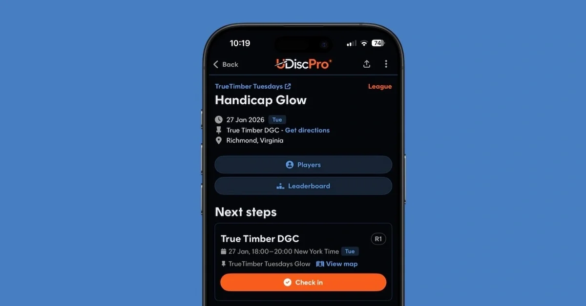 A screenshot of a disc golf league oon UDisc in a phone fram on a blue background