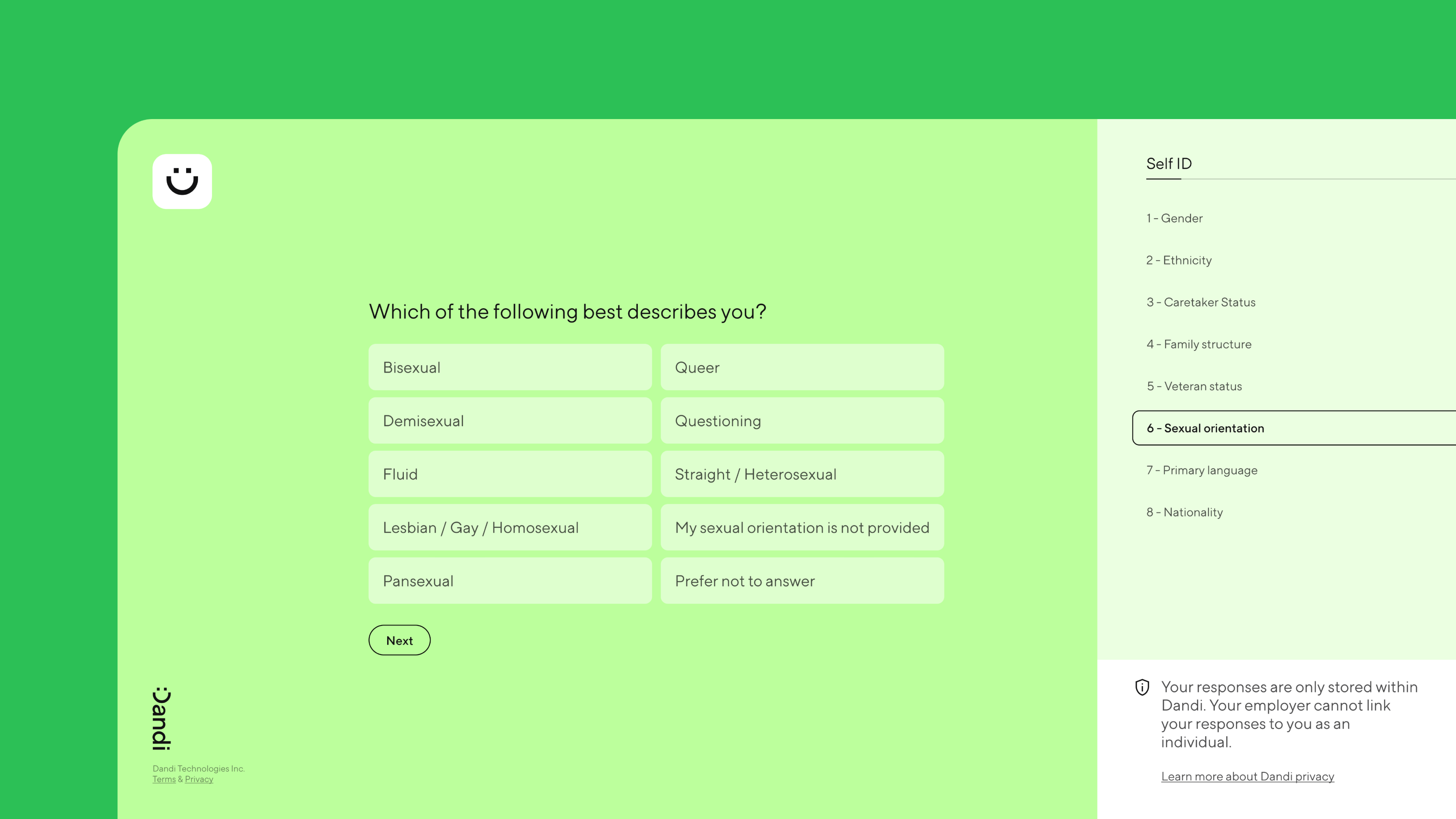 Screenshot of a Dandi's Self-ID questionnaire. An employee is asked, Which of the following best describes you? and offered the following options: Bisexual, Queer, Demisexual, Questioning, Fluid, Straight / Heterosexual, Lesbian / Gay / Homosexual, My sexual orientation is not provided, Pansexual, Prefer not to answer. A menu on the right shows additional self-ID categories. The bottom right includes privacy information.