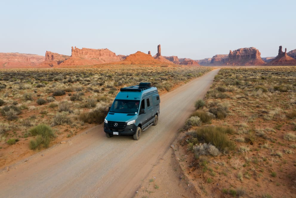 winnebago revel driving through desert