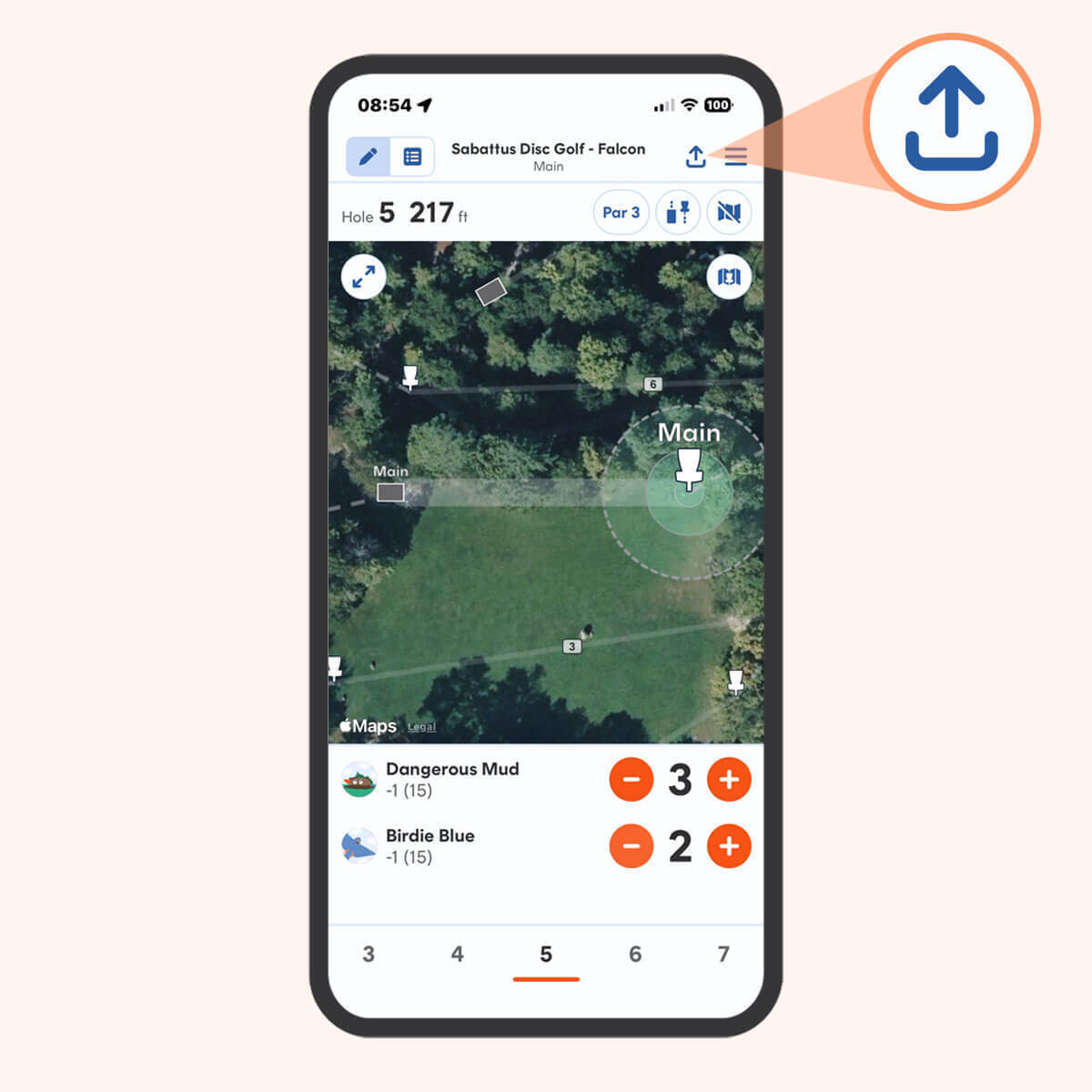 An image of a phone with a UDisc scorecard on it and the "Share" Icon pointed out and blown up to a larger size