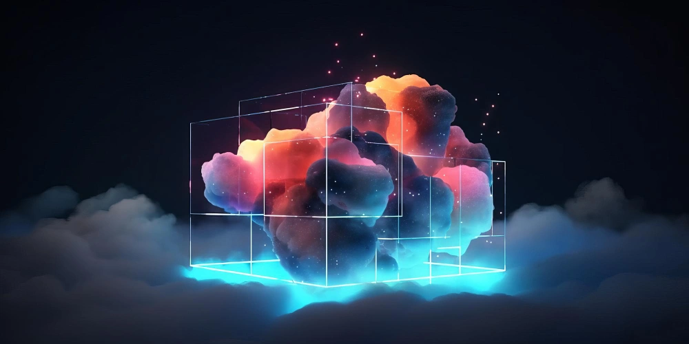 An abstract 3D rendering of a cloud with neon effects, showcasing a blend of bright colors against a dark background, creating a sense of digital art or futuristic design.