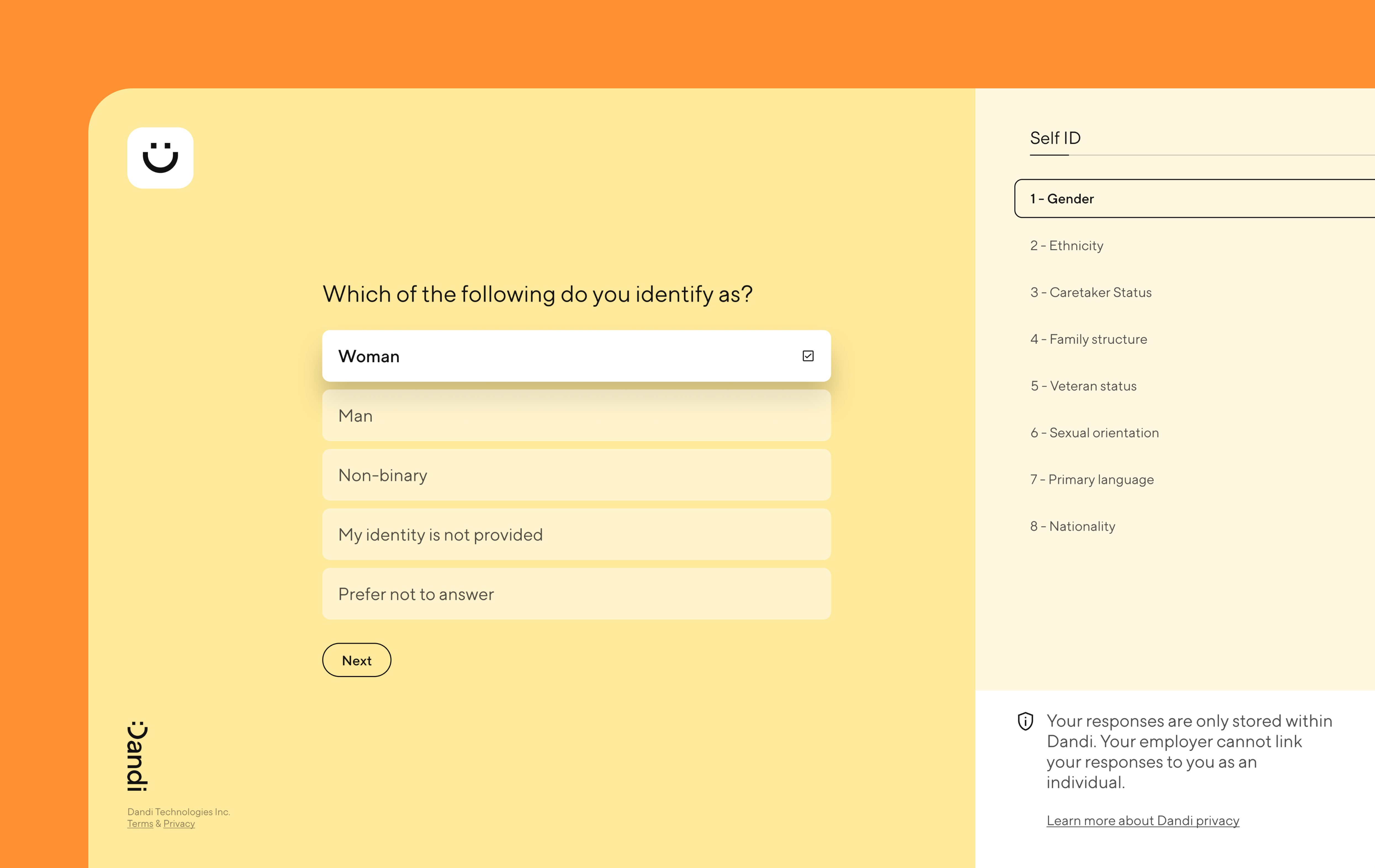 Sample Dandi Self-ID questionnaire an employee would see. The displayed question asks about gender identity. A menu on the right shows additional self-ID categories. The bottom right includes privacy information.