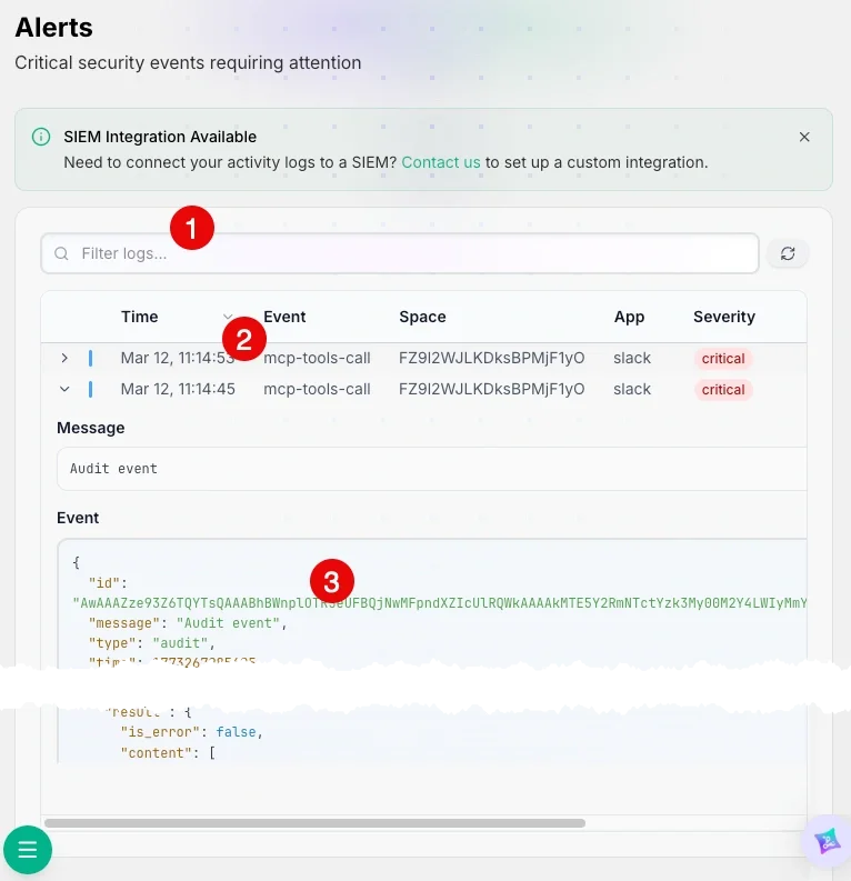 The alerts detail screen highlighting the search bar, alerts list, and expanded alert item displaying the message and event.