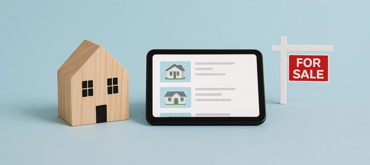 A wooden house model beside a tablet displaying property listings, with a small red “For Sale” sign on the right, representing searching for short-term rentals for sale.