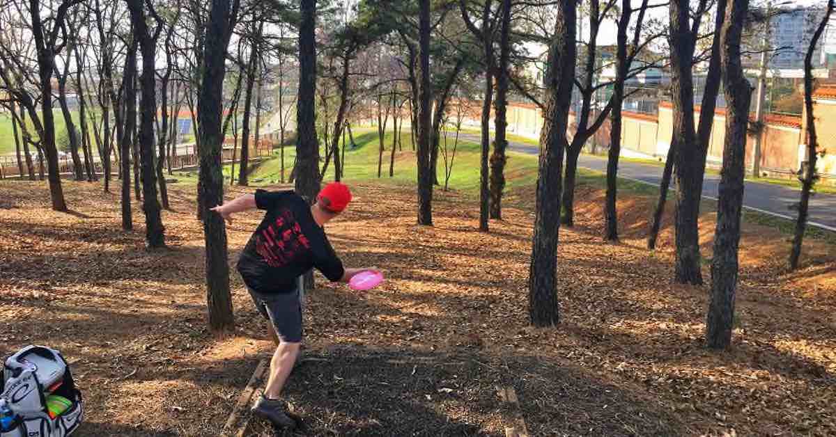 A disc golfer throws a forehand down a fairway filled with scattered trees
