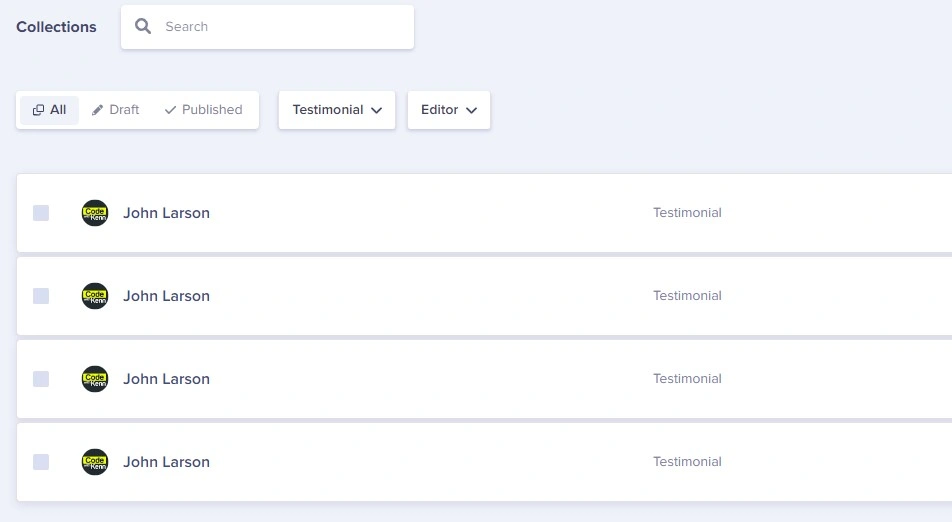 Multiple testimonial collection entries in ButterCMS interface