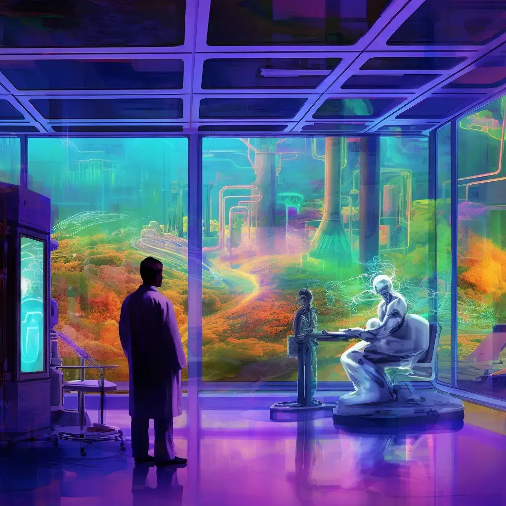 Subject: Patient Journey in a Digital Landscape Medium: Digital art, vibrant colors Environment: Virtual world, futuristic cityscape Lighting: Neon lights, glowing effects Color: Technicolor, vibrant and bold Mood: Energetic, dynamic
