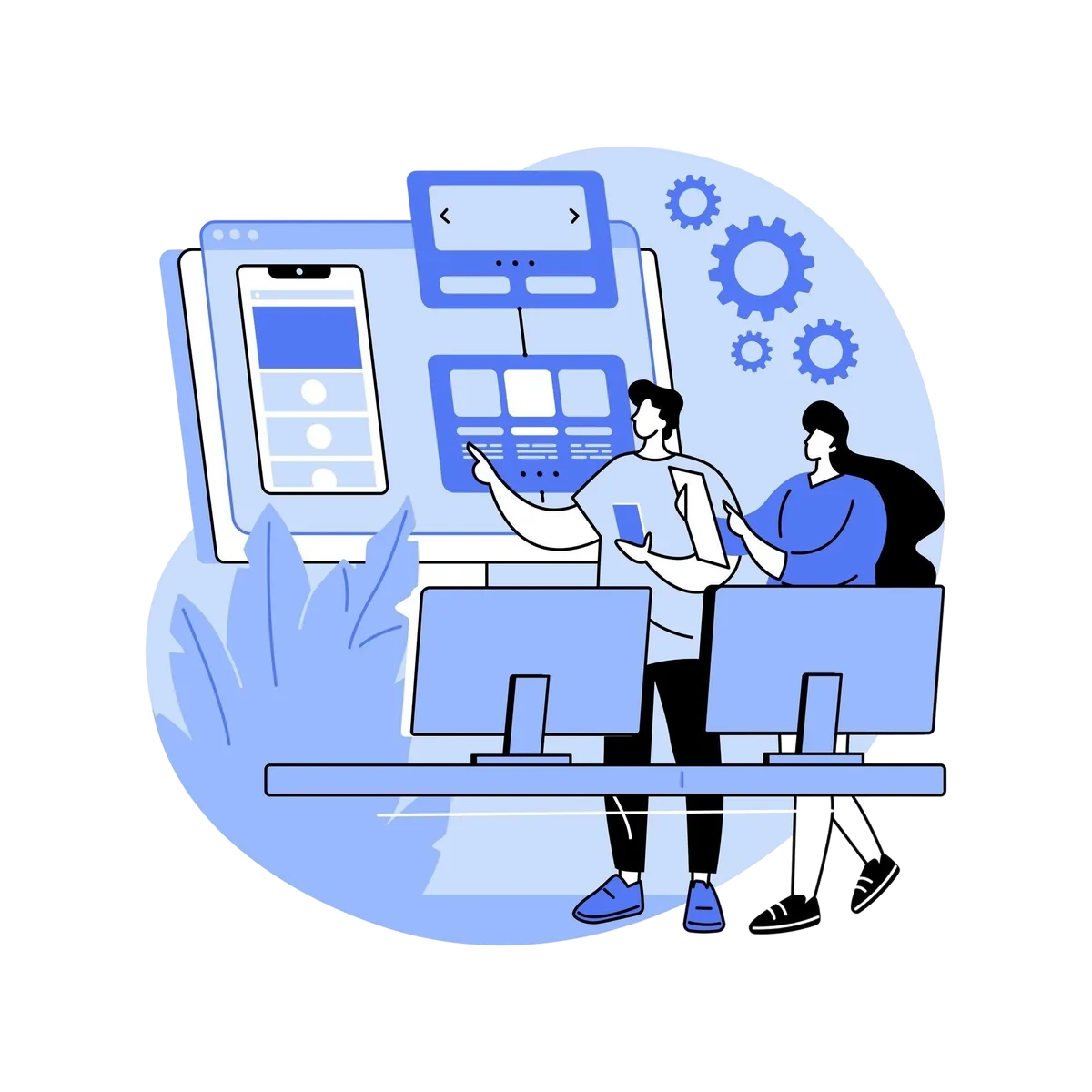 Two developers collaborating on a user interface design project with large screens, gears, and workflow diagrams representing app development and automation.