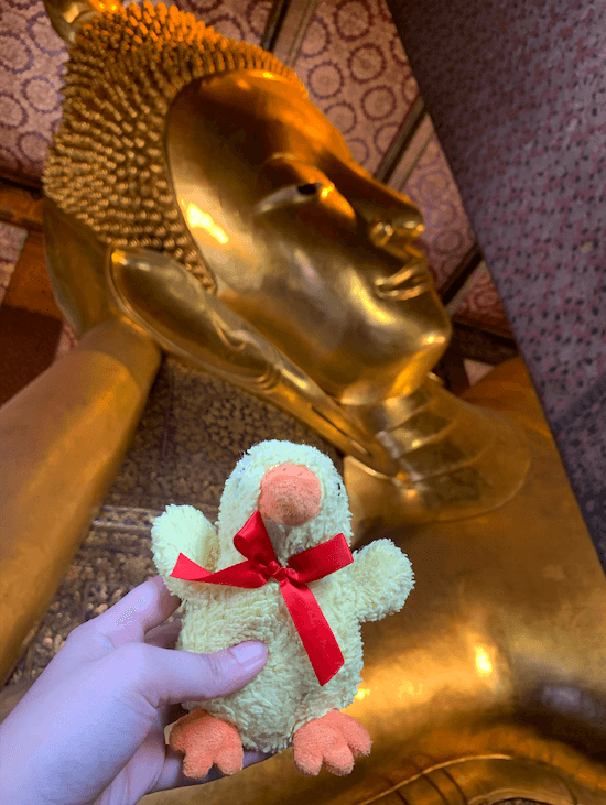 Kweh with giant buddha in Wat Pho