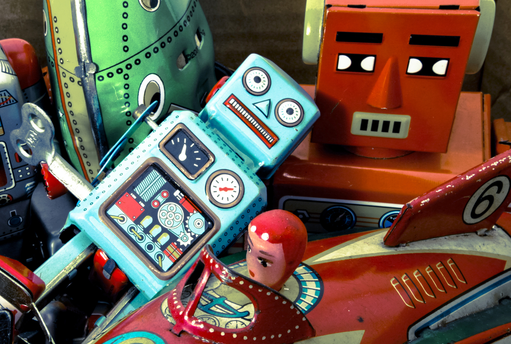 colourful antique toys in a box