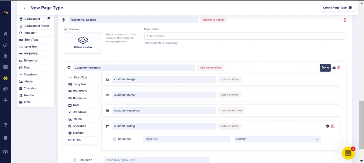 testimonials section configuration