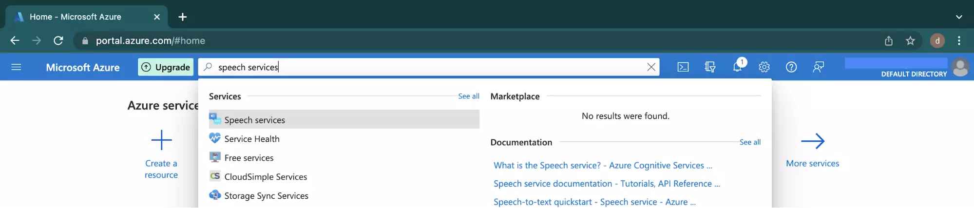 Screenshot of Microsoft Azure search bar 