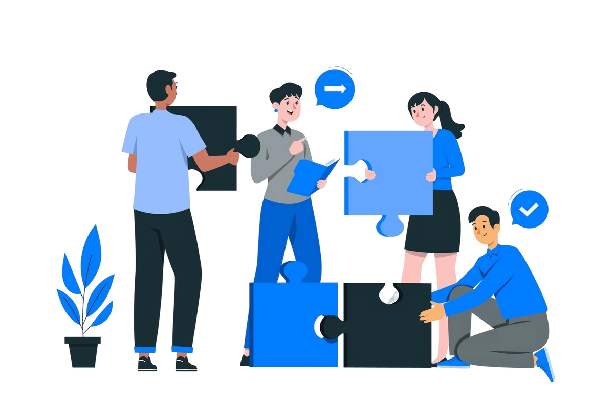 Illustration of four diverse team members collaboratively assembling large puzzle pieces, symbolizing teamwork and problem-solving.