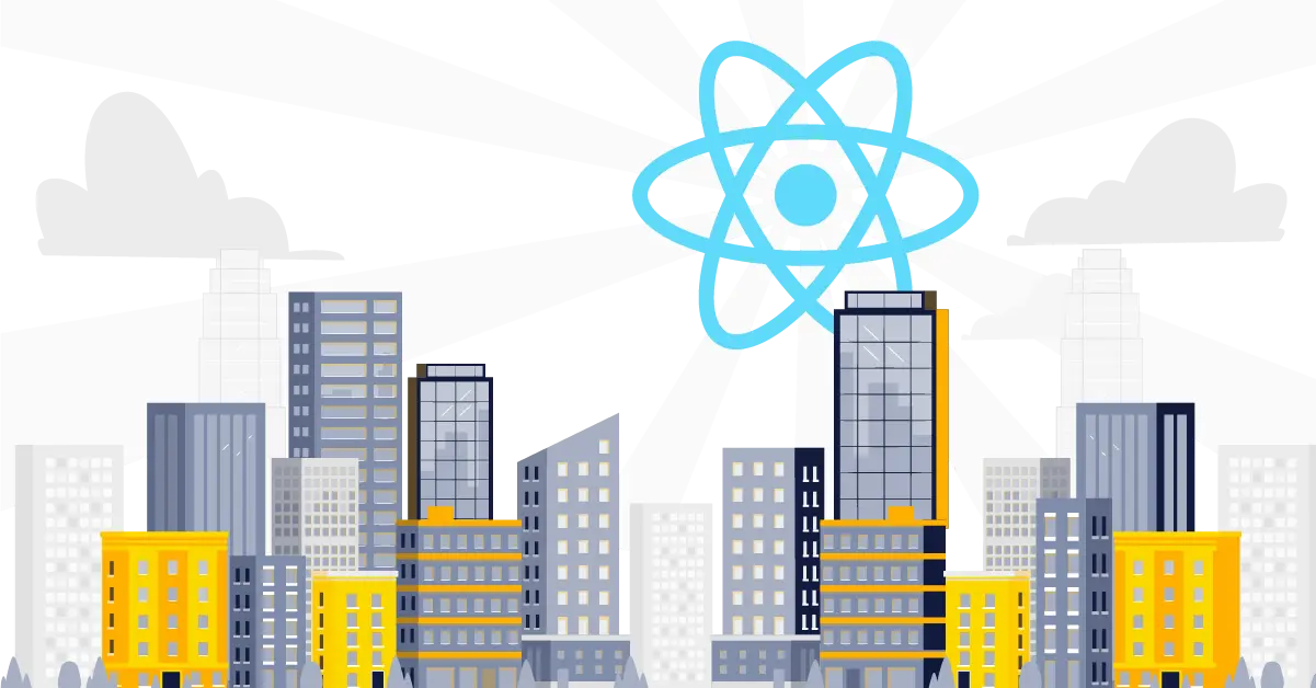 A React logo run rising over a town