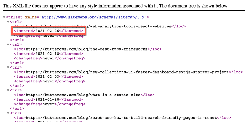 ButterCMS blog sitemap lastmod attribute