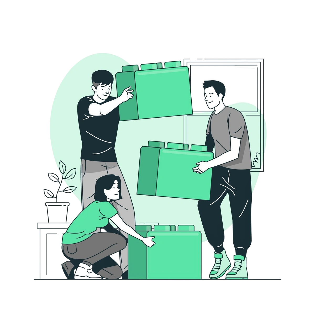Illustration of two developers working on a large screen with coding symbols and UI elements, representing software development and collaboration.