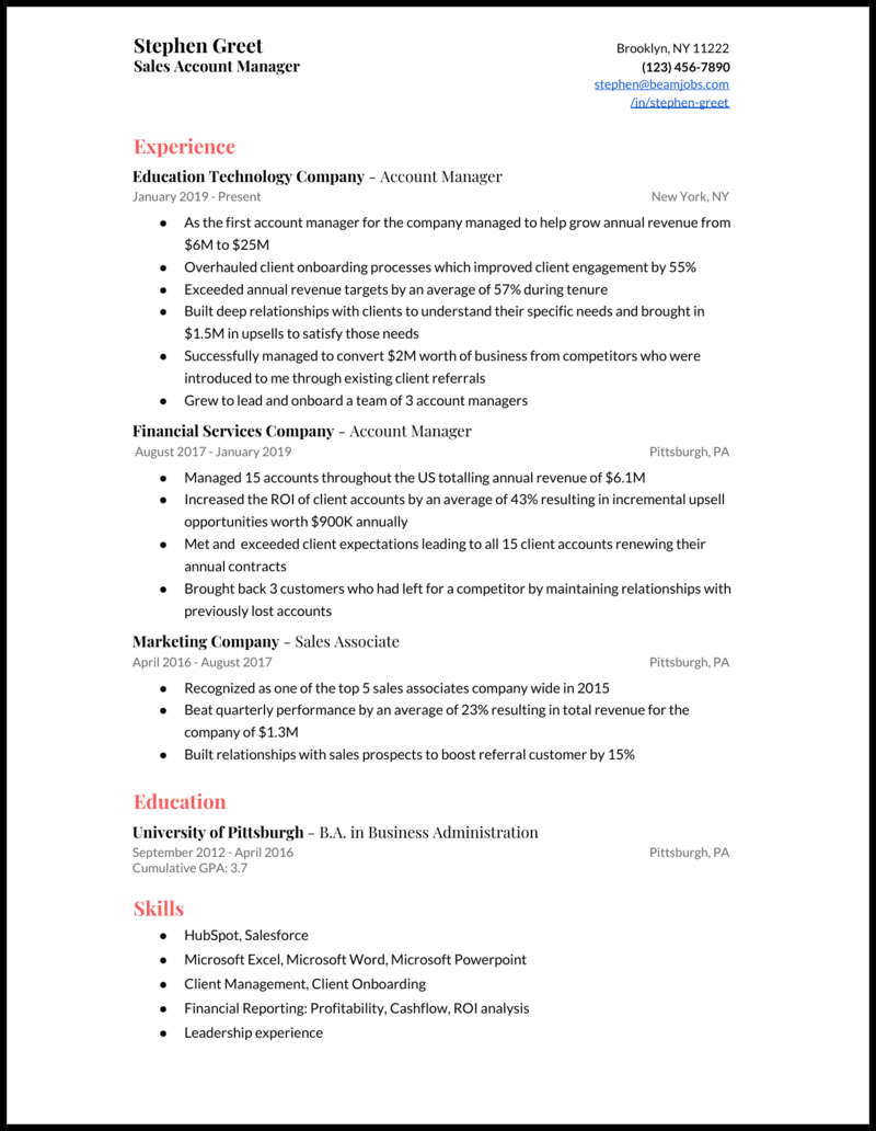 Account manager resume summary examples