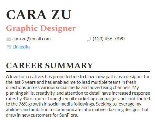 A resume summary for a graphic designer with 9 years of experience