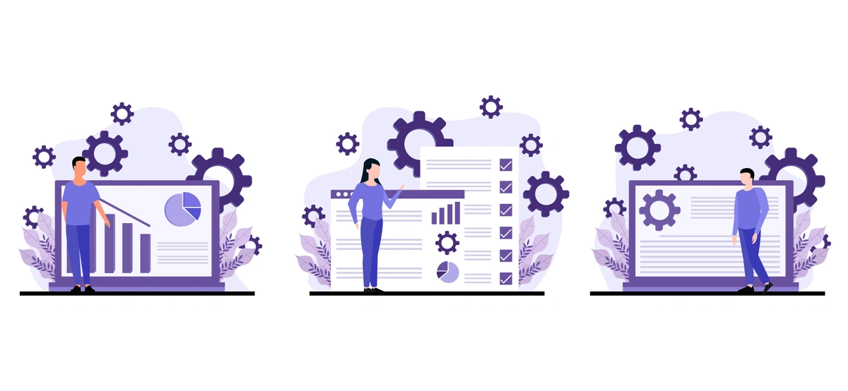 Three graphics depicting individuals with analytics charts, documents, and settings gears, symbolizing tasks in data analysis, documentation, and system configuration in a business context.