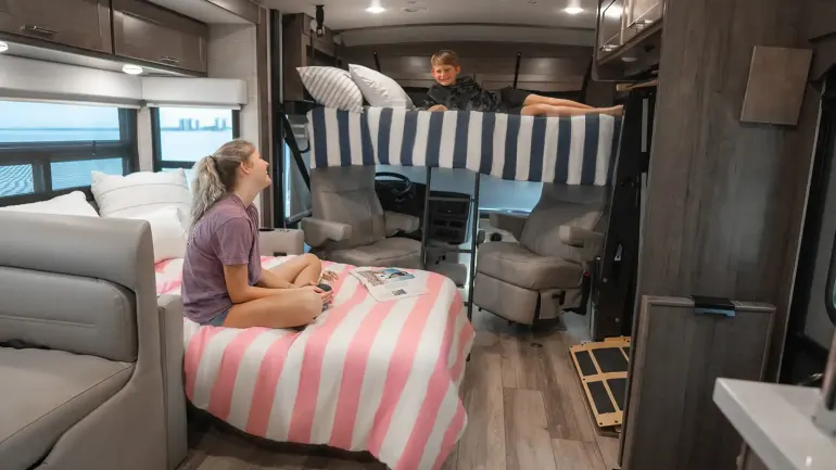 Sleeping set up inside RV