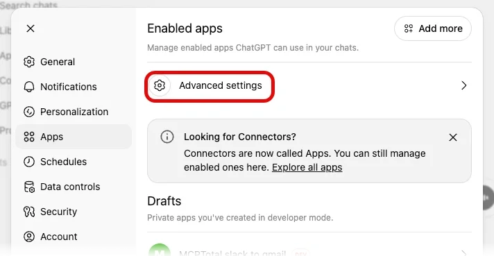 The ChatGPT setting's apps page highlights the Advanced Settings option.