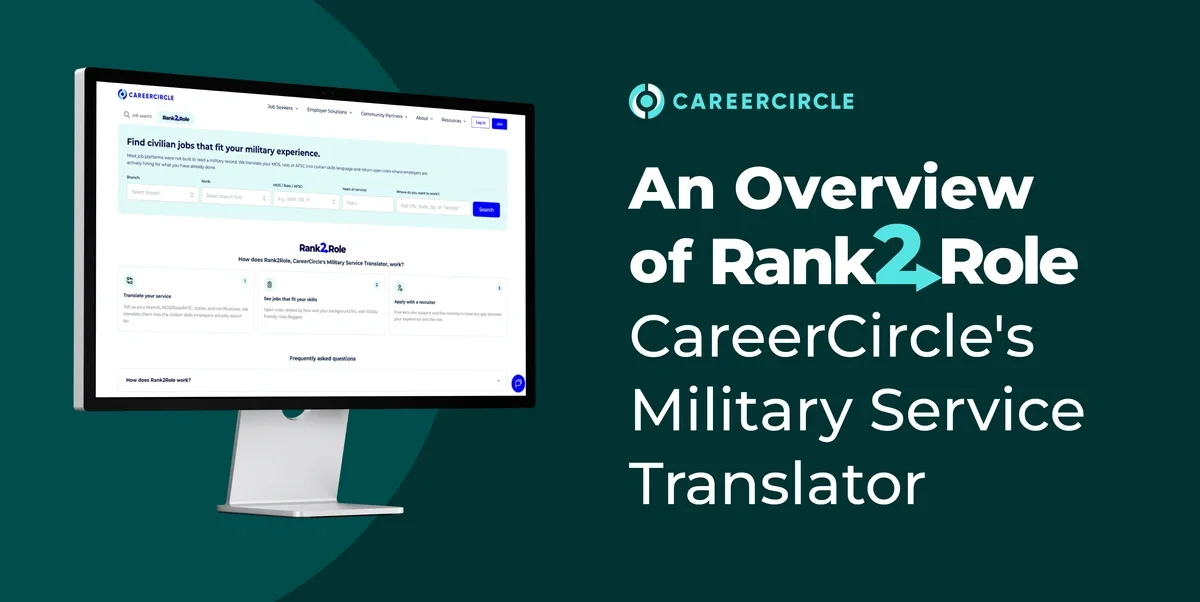 Graphic titled “An Overview of Rank2Role: CareerCircle’s Military Service Translator.” On the left, a desktop monitor displays the Rank2Role page on the CareerCircle website, with the headline “Find civilian jobs that fit your military experience”