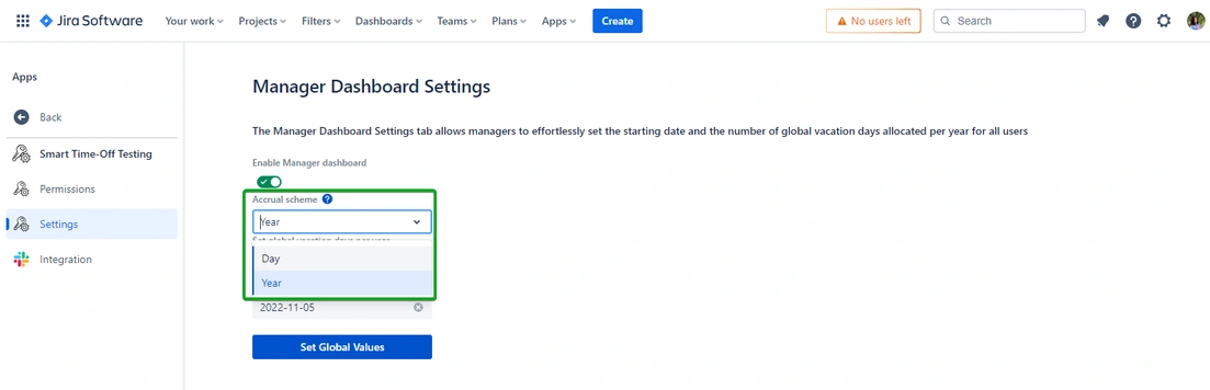 An interface screenshot from Jira Software depicting manager dashboard settings for a leave management system, with options to set the starting date and the number of vacation days allocated.