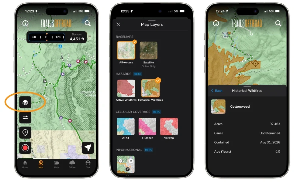 Map layers menu in Trails Offroad