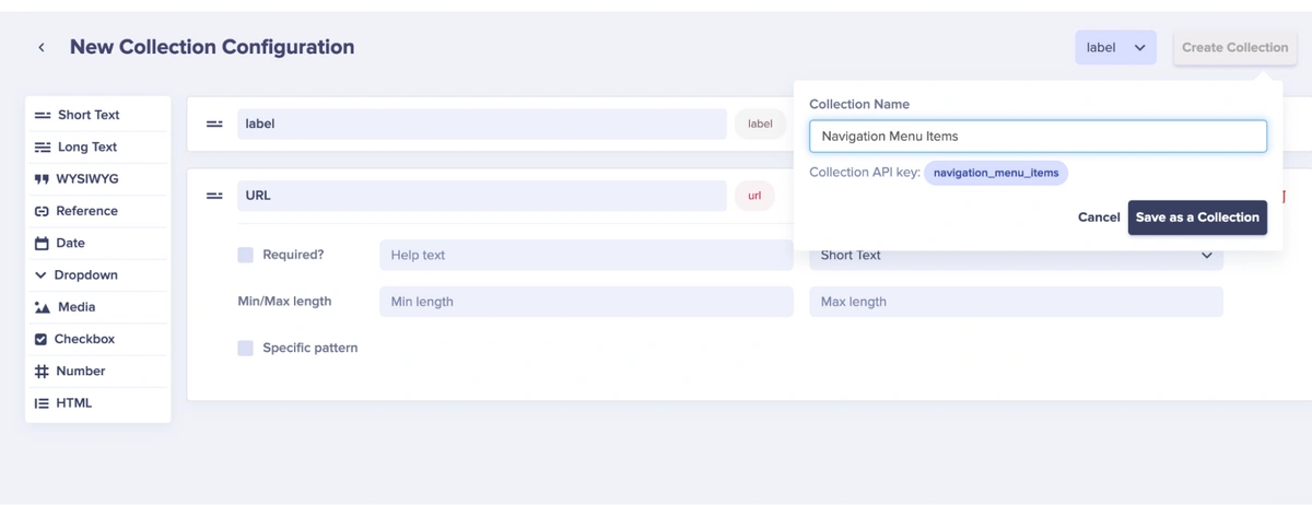 Navigation Menu Items collection configuration