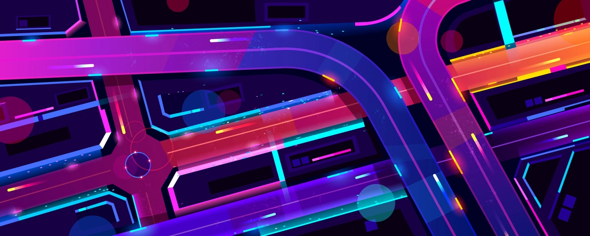 A vibrant and abstract digital illustration of a highway with multiple lanes intertwining, with a neon color scheme and floating geometric shapes. This image could symbolize connectivity, fast-paced technology, digital networks, or futuristic transportation systems.