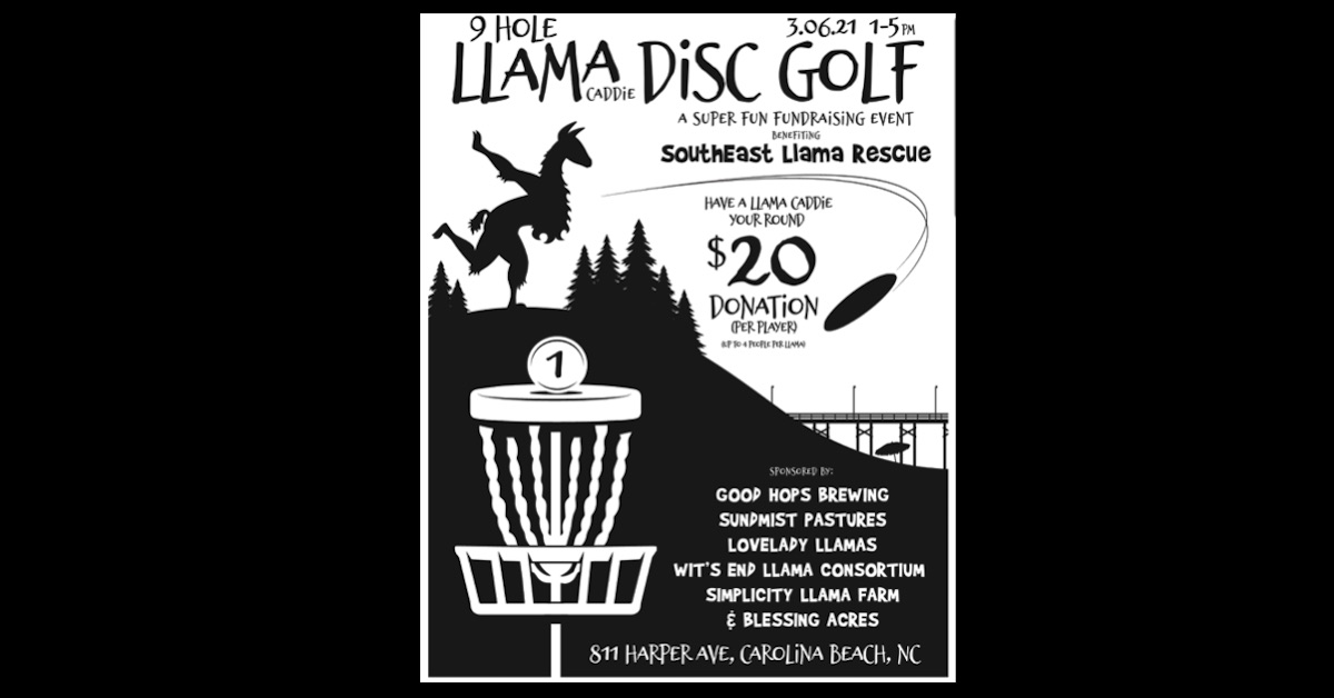 Image of an anthropomorphized llama throwing a disc golf disc from a hill on a poster advertising disc golf caddies for $20