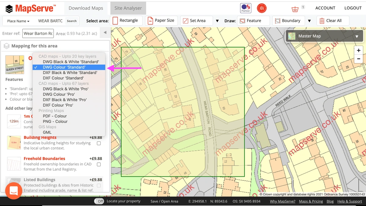 DWG colour format selection on MapServe®