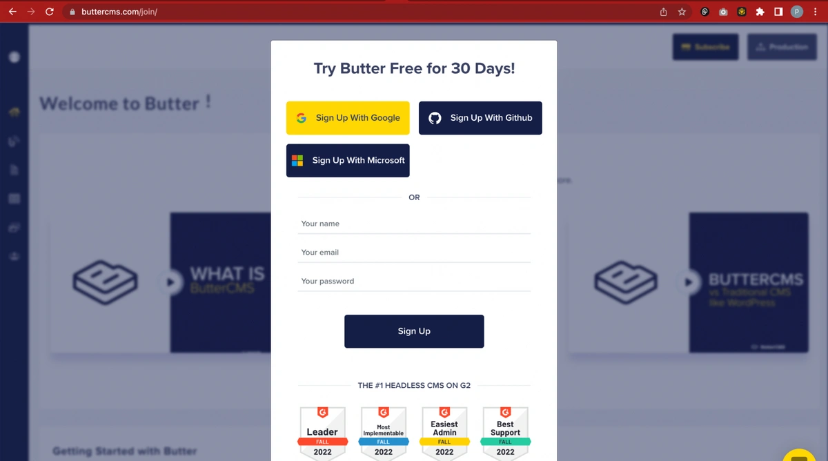 ButterCMS free trial account sign up form