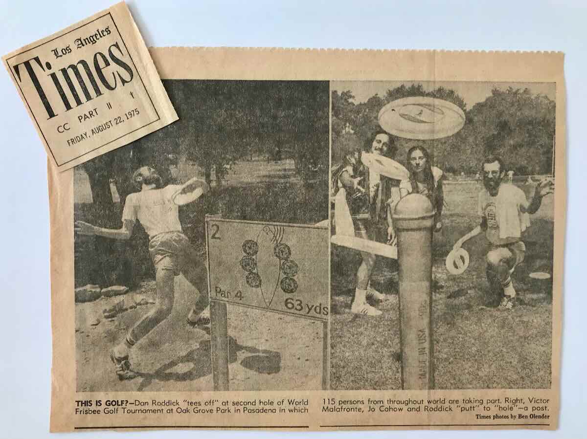 Cut-out from a LA Times newspaper showing the first-ever disc golf course and people playing it
